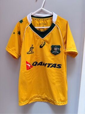 Asics Kids Yellow Wallabies Rugby Shirt with Green Trim Australia